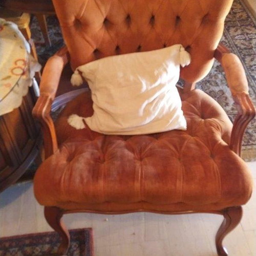 Classic armchairs pair used, terracotta velvet upholstery
