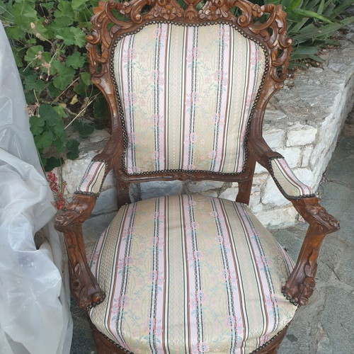 Armchairs made of solid walnut with durable fabric, new, set of two