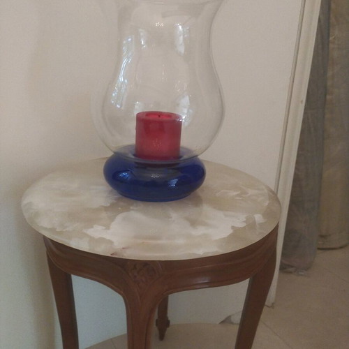 Glass blown candle holder with blue base and windproof, new