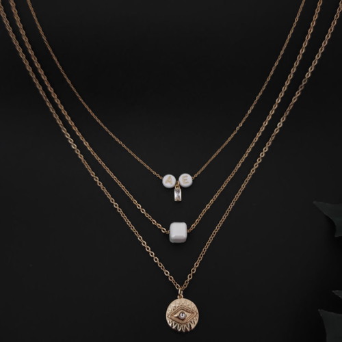 Steel layered necklace gold plated with evil eye, crystal, ceramic stone and monogram new