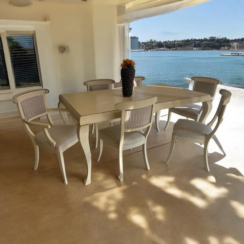 Neoclassical Beech Wood Dining Set 180x100 with 4 Chairs and 2 Armchairs new