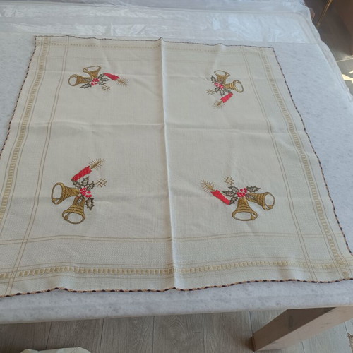 Christmas embroidered tablecloth used, 73×69 cm, vintage fabric