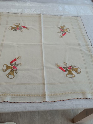Christmas embroidered tablecloth used, 73×69 cm, vintage fabric