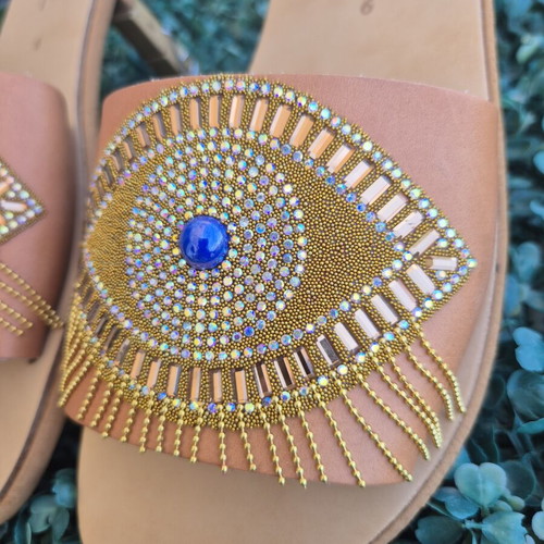 Handmade Evil Eye Sandals new, brown and gold platform