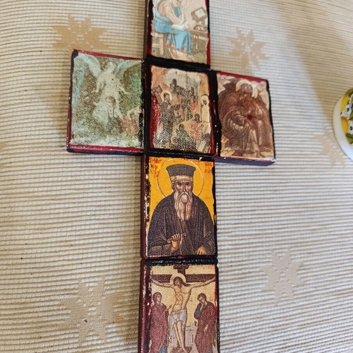 Vintage cross with silk screen prints