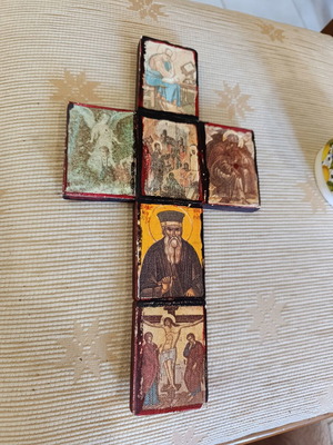 Vintage cross with silk screen prints