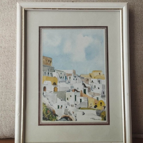 Original Santorini Lithograph signed by Simitis, like new, framed 26×20 cm