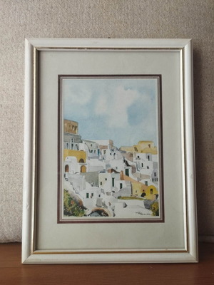 Original Santorini Lithograph signed by Simitis, like new, framed 26×20 cm