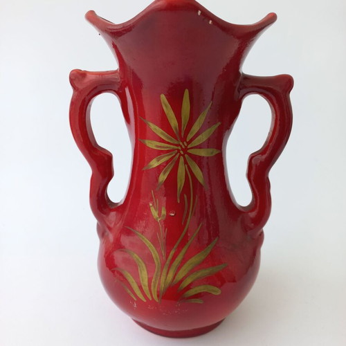 Handmade ceramic vase vintage used, red hand-painted