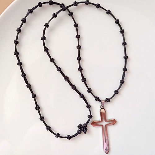 Cross rosary necklace handmade with black satin cord