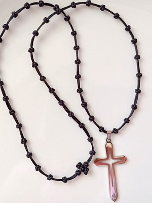 Cross rosary necklace handmade with black satin cord