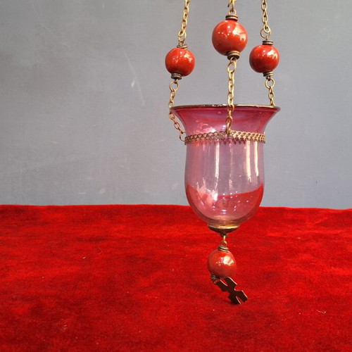 Hanging lamp used, blown red glass with ceramic balls and cross