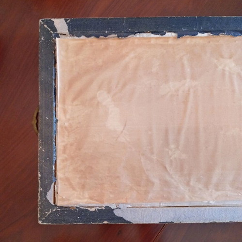 Embroidered tray used with wooden frame and copper handles