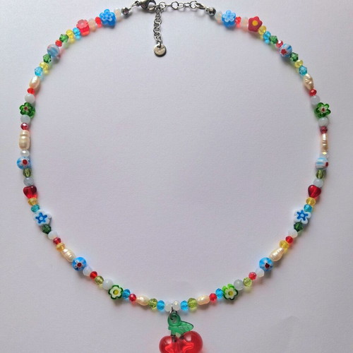 Frutiger Cherry handmade necklace new, silver multicolor
