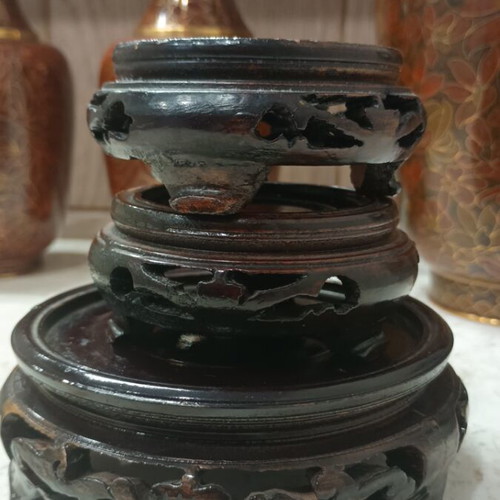 Vintage Cloisonné Vase Set with Carved Wooden Bases like new