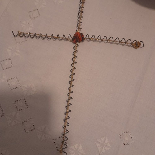 Handmade decorative wire cross with fabric rose