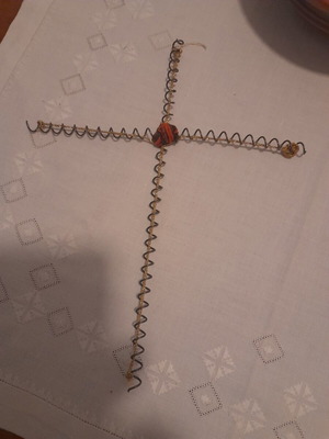 Handmade decorative wire cross with fabric rose