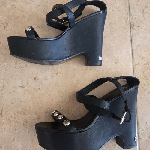 Versace Jeans Black Leather Wedge Platform Sandals like new