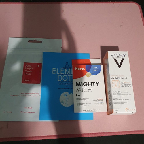 Set skincare with pimple patches and sunscreen, like new