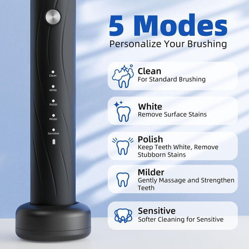 Vexloria Sonic Electric Toothbrush with 5 Modes, Timer, IPX7 Waterproof, USB