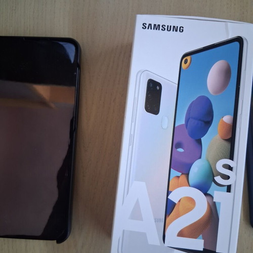 Samsung Galaxy A21s smartphone with accessories