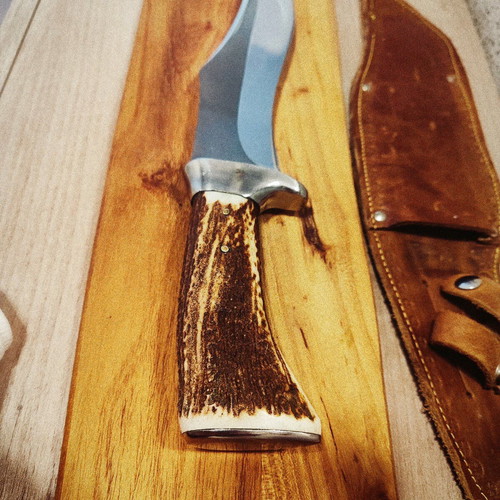 Massive hunting knife new from collection with elk horn handle and calf leather sheath