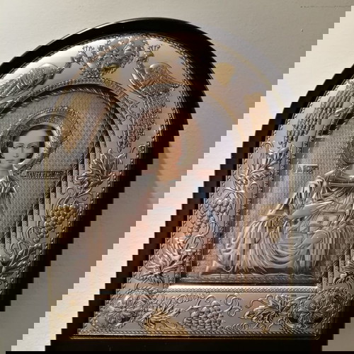 Ιερή Εικόνα Αγίου Παντελεήμονα Καινούργια Επαργυρωμένη με Χρυσές Λεπτομέρειες