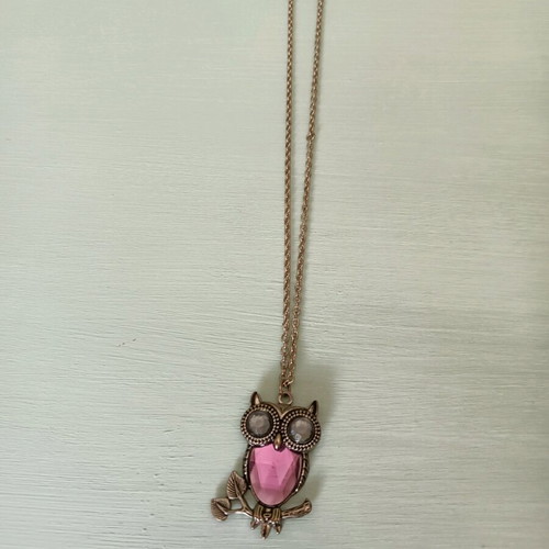 Long owl necklace used with pink and white crystal pendant