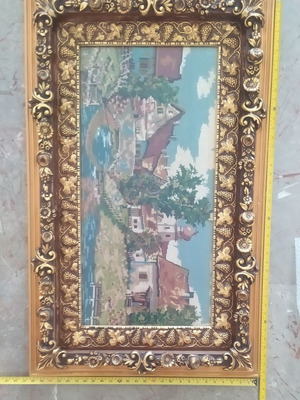 Handmade needlepoint embroidery in frame used, vintage
