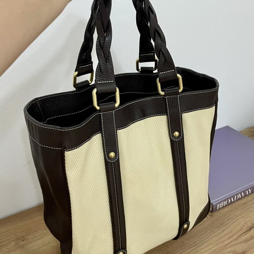 Massimo Dutti leather and cotton tote bag, dark brown and ecru
