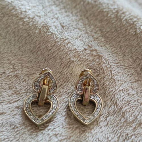 Double heart earrings like new, gold tone with rhinestones