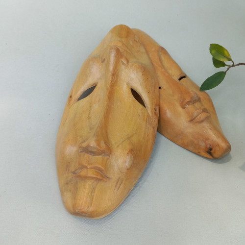 Handmade wooden Happy-Sad theatrical masks set like new