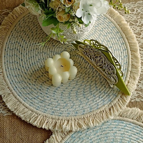Handmade placemats new, set of 2 with fringes 38 cm diameter