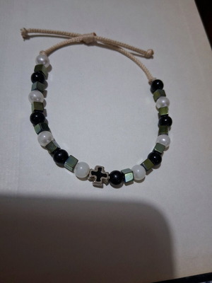 Women's bracelet with beads and cross like new, black and gold