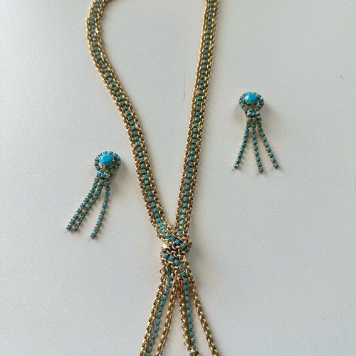 Jewelry set with necklace and earrings from Rhodes in gold and turquoise colors