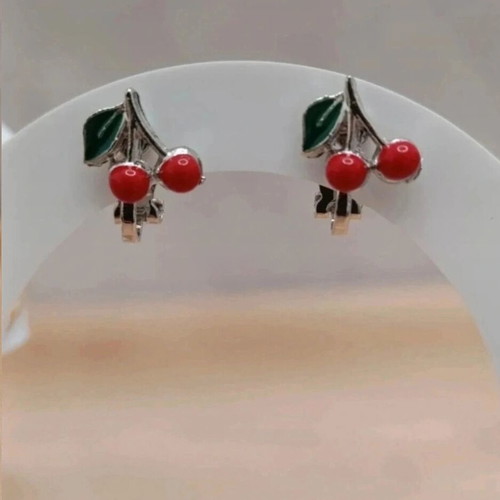 Earrings with clip cherry design new, red and silver