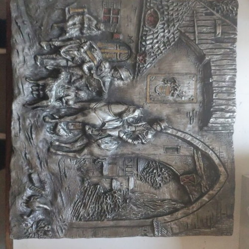 Stone relief like new with copper and brass overlay, vintage 1960s