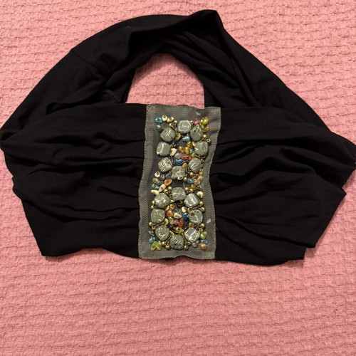 Black mako dress with asymmetric ruffle and versatile accessory, like new