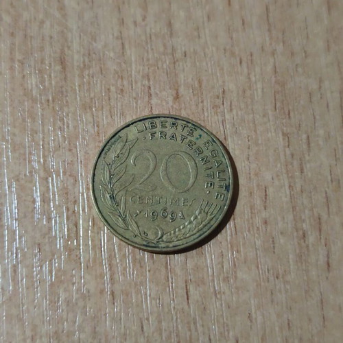 20 Centimes 1969 French coin used, aluminium-bronze