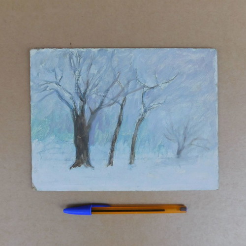 Small painting forest in winter painting on wood