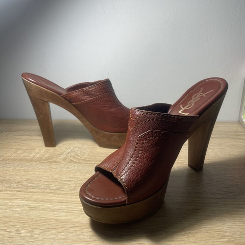 Yves Saint Laurent brown leather wooden platform mules used