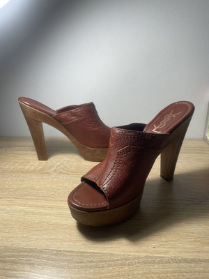 Yves Saint Laurent brown leather wooden platform mules used