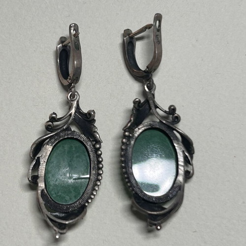 Vintage 925 Silver Earrings with Green Agate