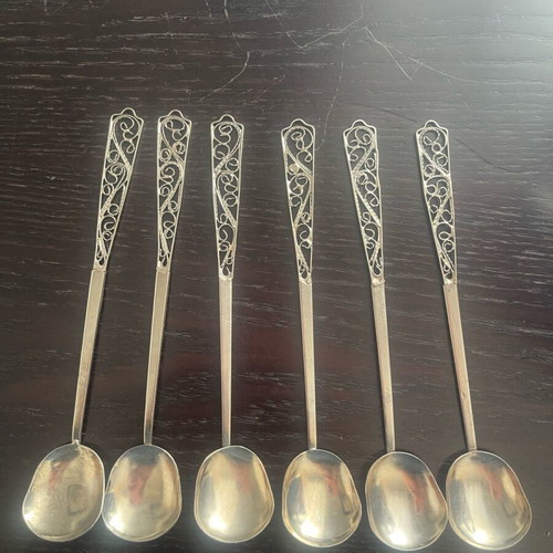 Antique filigran spoons used, set of 6 with slender handle