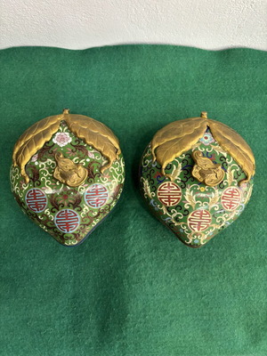 Cloisonné fondant dishes used, set of two, 19th century strawberry shape