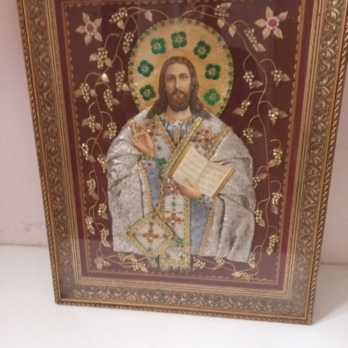 Christ image handmade with gold thread, velvet and silk, like new