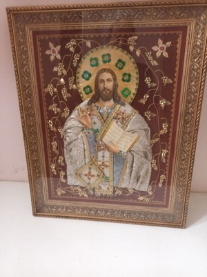 Christ image handmade with gold thread, velvet and silk, like new