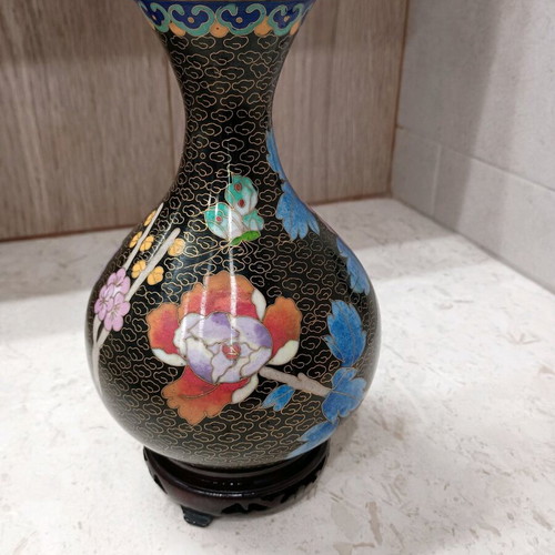 Pair of Vintage Cloisonné Vases Like New with Wooden Bases