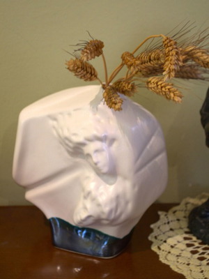 Vintage sculptural faience vase with allegorical female relief like new