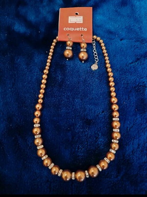 Pearl necklace set with strass and earrings new, brown and silver
